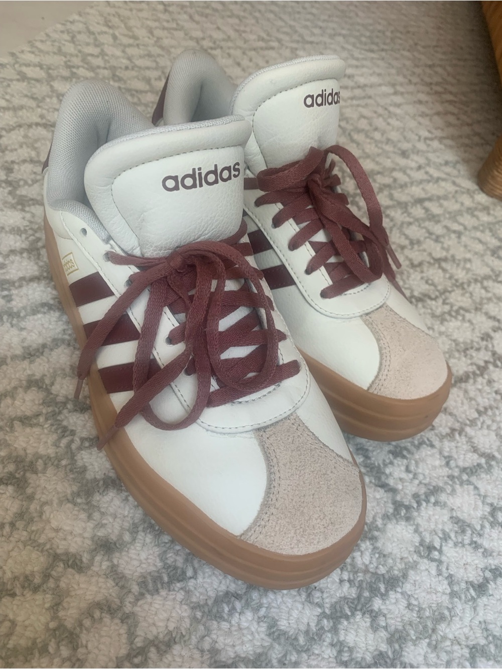Adidas White and Burgundy Platform Trainers with Gum Sole: size 6.5
